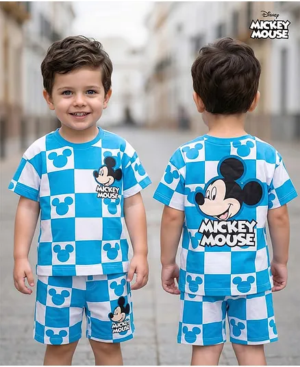 Babyhug Disney Single Jersey Knit Drop Shoulder Half Sleeves Oversized T-Shirt & Shorts Co-ord Set With Mickey Mouse Front & Back Print - Blue & White