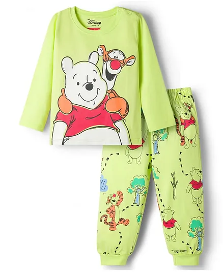 Babyhug Disney Single Jersey Knit Full Sleeves T-Shirt & Pyjama Night-Suit With Winnie The Pooh Graphics - Neon Green