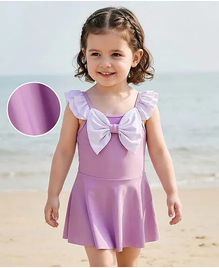 Babyhug Frill Sleeves Frock Swimsuit With Bow Applique - Purple