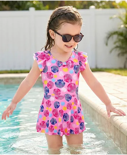 Babyhug Frill Sleeves Frock Swimsuit With Sea Shells Print & Bow Applique - Pink