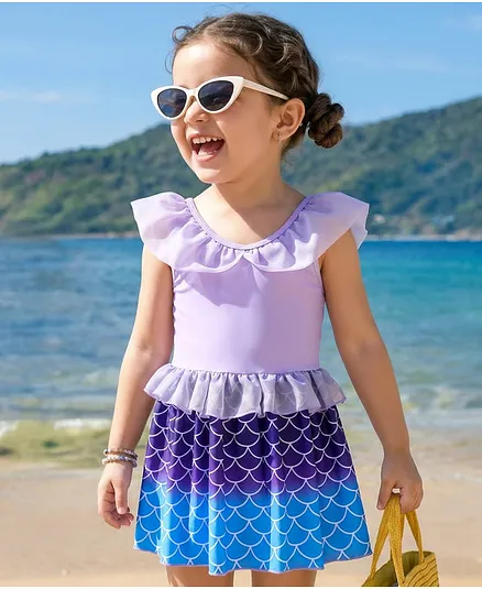 Babyhug Frill Sleeves Printed Frock Swimsuit - Purple