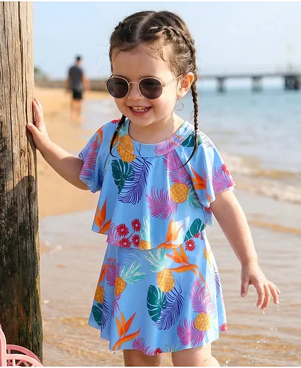 Babyhug Half Flutter Raglan Sleeves Frock Swimsuit with Floral Print - Light Blue