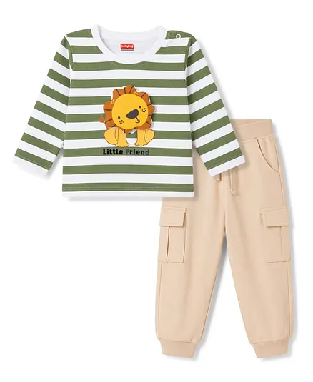 Babyhug Interlock Knit Full Sleeves Striped T-Shirt & Lounge Pant Set with Lion Applique - Multicolour