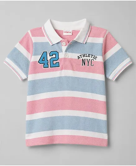 Babyhug Popcorn Knit Half Sleeves Striped Polo T-Shirt with Text Embroidery - Multicolor
