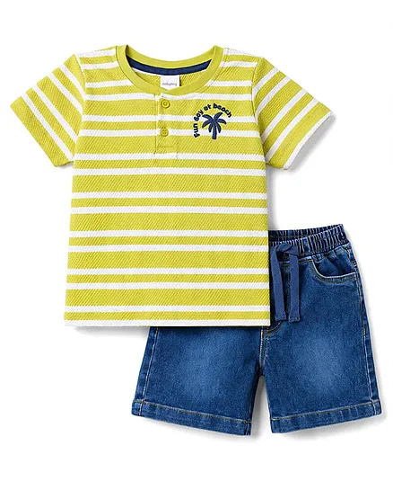 Babyhug Popcorn Knit Half Sleeves Striped T-Shirt & Denim Shorts - Limegreen & Blue