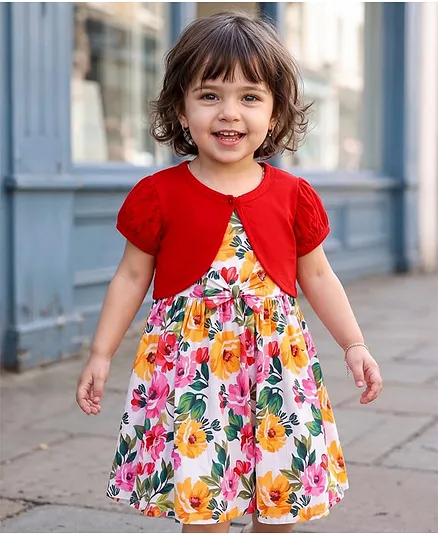 Babyhug Poplin Woven Frock & Half Sleeves Shrug with Floral Print - Multicolor