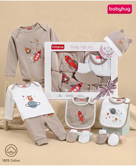Babyhug Premium 100 % Cotton New Born Clothing Gift Set Astronauts Theme Brown - Pack of 8| Full Sleeve Set| Onesie| Cap Bibs Mitten & Booties| Essential Clothing for 0 to 6 months