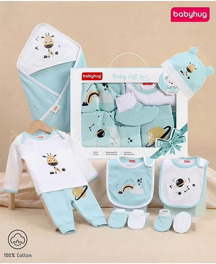 Babyhug Premium 100 % Cotton New Born Clothing Gift Set Giraffe Theme Sea Green - Pack of 8| Full Sleeve Set| Hooded Wrapper| Cap Bibs Mitten & Booties| Essential Clothing for 0 to 6 months