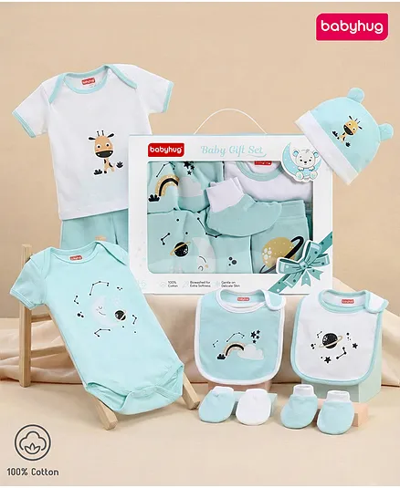 Babyhug Premium 100 % Cotton New Born Clothing Gift Set Giraffe Theme Sea Green - Pack of 8| Half Sleeve Set| Onesie| Cap Bibs Mitten & Booties| Essential Clothing for 0 to 6 months