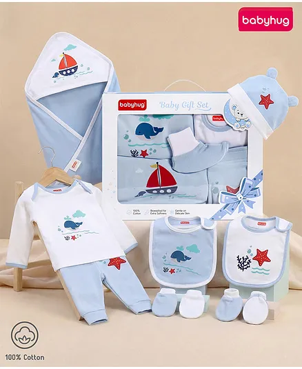 Babyhug Premium 100 % Cotton New Born Clothing Gift Set Sea Breeze Theme Blue - Pack of 8| Full Sleeve Set| Hooded Wrapper| Cap Bibs Mitten & Booties| Essential Clothing for 0 to 6 months