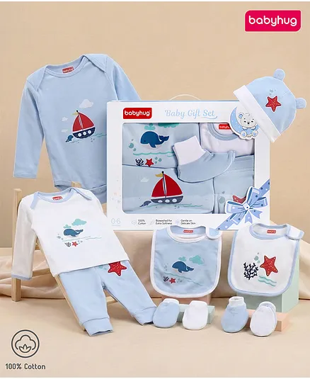 Babyhug Premium 100 % Cotton New Born Clothing Gift Set Sea Breeze Theme Blue - Pack of 8| Full Sleeve Set| Onesie| Cap Bibs Mitten & Booties| Essential Clothing for 0 to 6 months