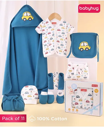 Babyhug Premium 100% Cotton Newborn Gift Set  11 Pcs Clothing Hamper Car Print - Blue| Jhabla, Bib, Wrapper, Mittens, Booties, 3 Wahs cloths & 2 Nappies| Gift Set for New Born Boys & Girls