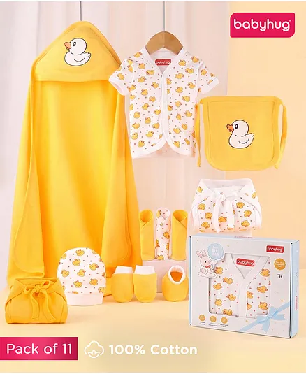 Babyhug Premium 100% Cotton Newborn Gift Set  11 Pcs Clothing Hamper Duck Print - Yellow| Jhabla, Bib, Wrapper, Mittens, Booties, 3 Wash cloths & 2 Nappies| Gift Set for New Born Boys & Girls