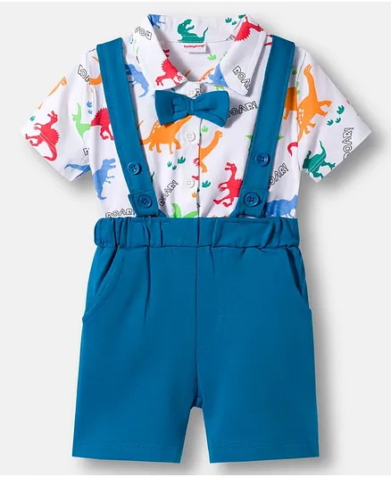 Babyhug Select Single Jersey Knit Half Sleeves Shirt & Shorts Set with Attached Suspenders Animal Print & Bow Applique - White & Blue