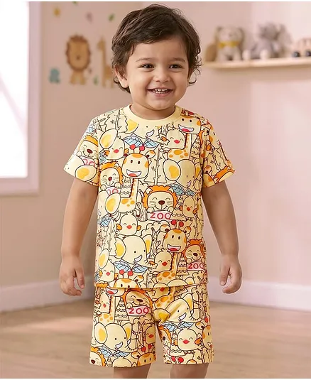 Babyhug Single Jersey Half Sleeves Night Suit Animals Print - Yellow
