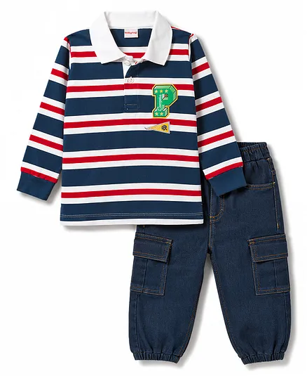 Babyhug Single Jersey Knit Full Sleeves Striped T-Shirt & Cargo Jeans Set - Multicolor