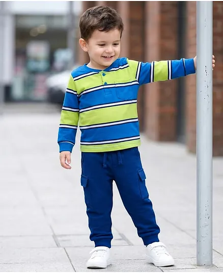 Babyhug Single Jersey Knit Full Sleeves Striped T-Shirt & Lounge Pant Set - Blue