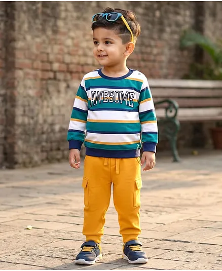 Babyhug Single Jersey Knit Full Sleeves Striped T-Shirt & Lounge Pant Set - Multicolor
