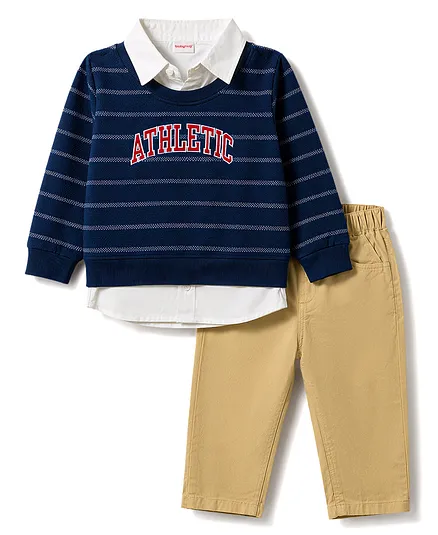 Babyhug Single Jersey Knit Full Sleeves Striped T-Shirt & Pant Set With Text Print - Blue & Beige
