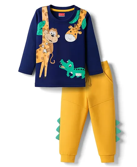 Babyhug Single Jersey Knit Full Sleeves T-Shirt & Lounge Pant Set with Animal Graphic - Yellow & Navy Blue
