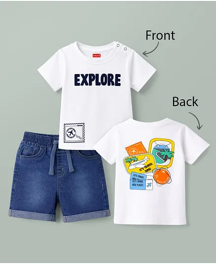 Babyhug Single Jersey Knit Half Sleeves Beach Theme Printed T-Shirt & Denim Shorts Set - White & Blue