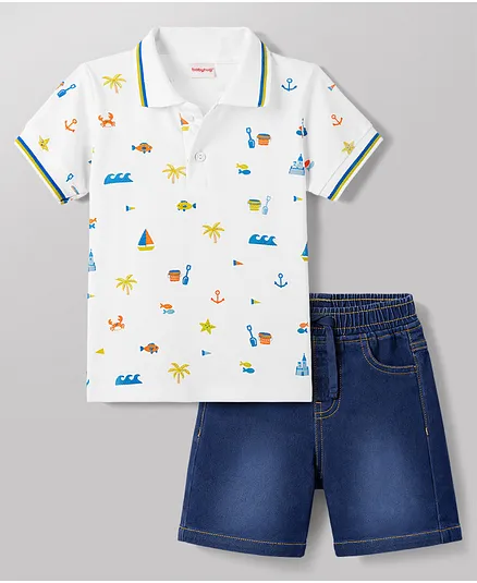 Babyhug Single Jersey Knit Half Sleeves Polo T-Shirt & Denim Shorts Set With Sea Life Print - White & Blue