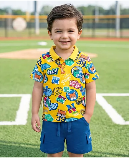 Babyhug Single Jersey Knit Half Sleeves Polo T-Shirt & Shorts Set with Text Print - Blue