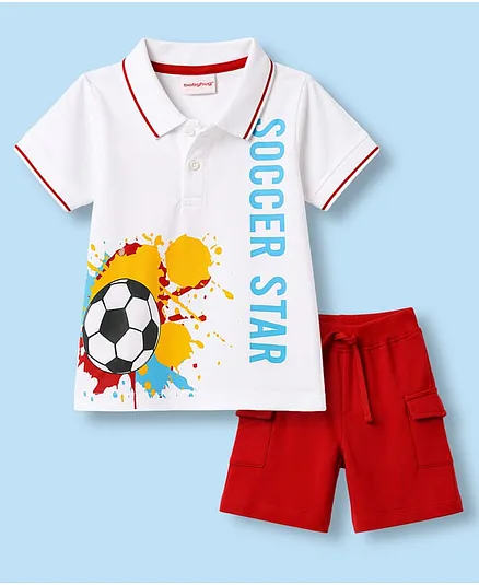 Babyhug Single Jersey Knit Half Sleeves Polo T-Shirt & Shorts With Soccer Print - White & Red