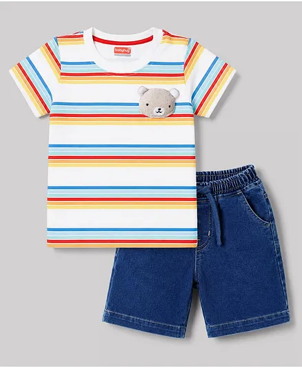 Babyhug Single Jersey Knit Half Sleeves Striped T-Shirt & Denim Shorts With Bear Detailing - Multicolor