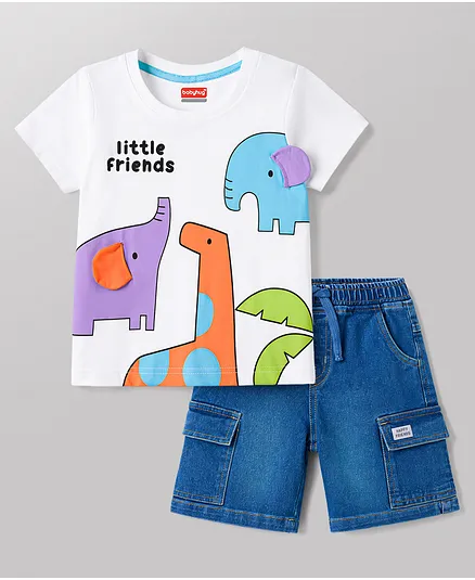 Babyhug Single Jersey Knit Half Sleeves T-Shirt & Denim Shorts Set With Animal Print - White & Blue