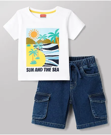 Babyhug Single Jersey Knit Half Sleeves T-Shirt & Denim Shorts Set With Beach Theme - White & Blue