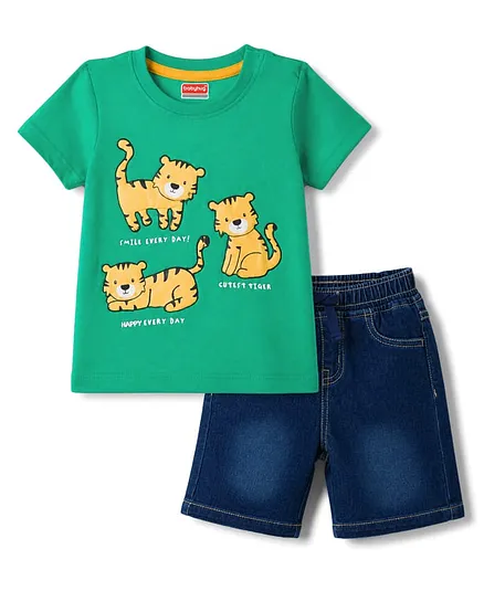 Babyhug Single Jersey Knit Half Sleeves T-Shirt & Denim Shorts With Animal Print - Green