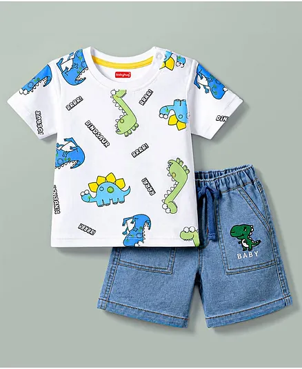 Babyhug Single Jersey Knit Half Sleeves T-Shirt & Shorts Set With Dino Print - White