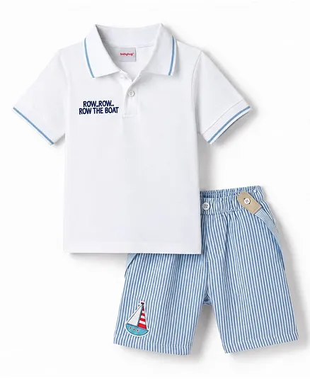 Babyhug Single Jersey Knit Half Sleeves  T-Shirt & Shorts Set with Stripes & Suspender - Blue & White