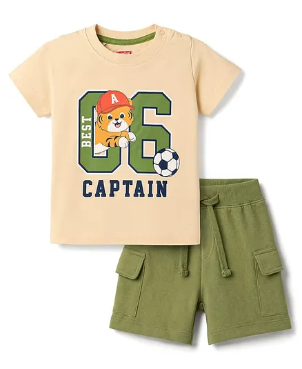Babyhug Single Jersey Knit Half Sleeves T-Shirt & Shorts Set With Text Print - Multicolor