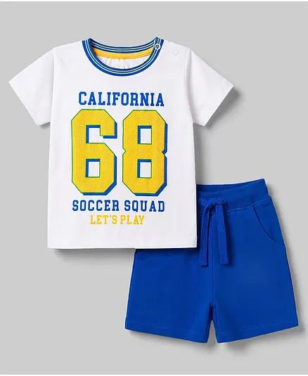 Babyhug Single Jersey Knit Half Sleeves T-Shirt & Shorts Set With Text Print - White & Blue