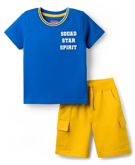 Babyhug Single Jersey Knit Half Sleeves T-Shirt & Shorts Set with Text Print - Yellow & Blue