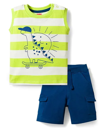Babyhug Single Jersey Knit Sleeveless Striped Dino Printed Tank T-Shirt & Shorts Set - Multicolor