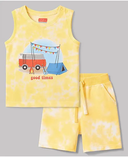 Babyhug Single Jersey Knit Sleeveless Tank T-Shirt & Shorts Set With Tie & Dye Effect & Van Print - Yellow
