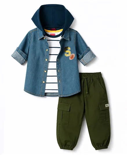 Babyhug Single Jersey Woven Half Sleeves Striped T-Shirt & Joggers Set With Hooded Denim Jacket - Blue Grey & Green