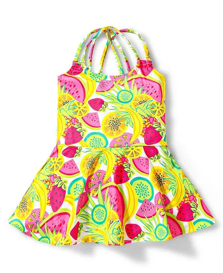 Babyhug Sleeveless Frock Style Swimsuit With Fruity Print- Multicolor