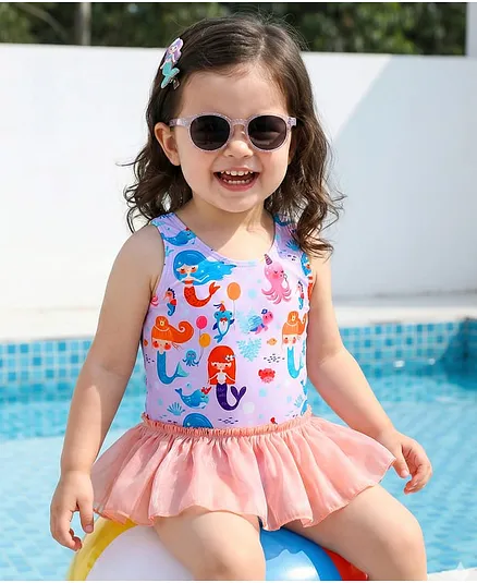 Babyhug Sleeveless Frock Swimsuit With Mermaid Print - Light Blue