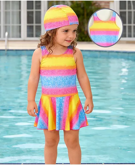 Babyhug Sleeveless Striped & Printed Frock Swimsuit with Cap - Multicolor