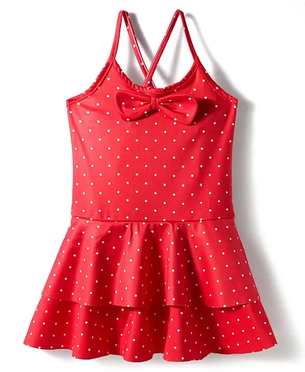Babyhug Sleeveless Water Repellent Frock Swimsuit with Bow Applique & Polka Dot Print - Red