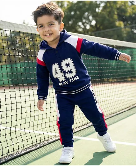 Babyhug Terry Knit Full Raglan Sleeves Hooded T-Shirt & Lounge Pant Set With Number Print - Navy Blue