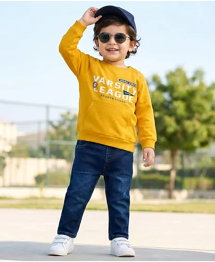 Babyhug Terry Knit Full Raglan Sleeves T-Shirt & Denim Jeans Set With Text Print - Yellow & Blue