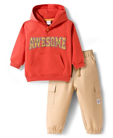 Babyhug Terry Knit Full Sleeves Awesome Text Printed Hooded Sweatshirt & Trouser Set - Rust Orange