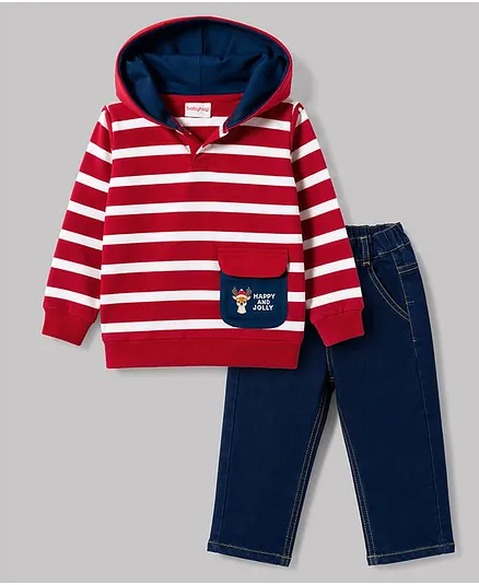 Babyhug Terry Knit Full Sleeves Hooded Striped T-Shirt & Denim Jeans - Red & Blue