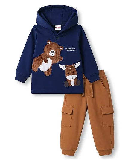 Babyhug Terry Knit Full Sleeves Hooded T-Shirt & Lounge Pant Set with Bear Print - Navy