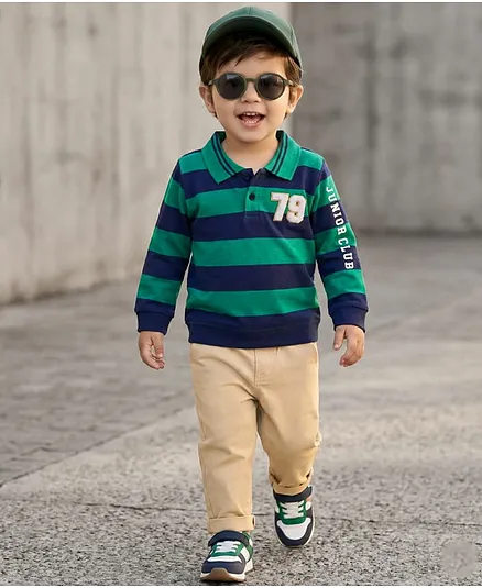 Babyhug Terry Knit Full Sleeves Striped Polo T-Shirt & Trouser Set - Multicolor